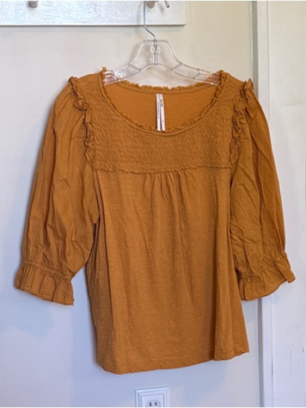 By Anthropology Burnt Gold Smocked-Yoke Puff-Sleeve Cotton Blouse
